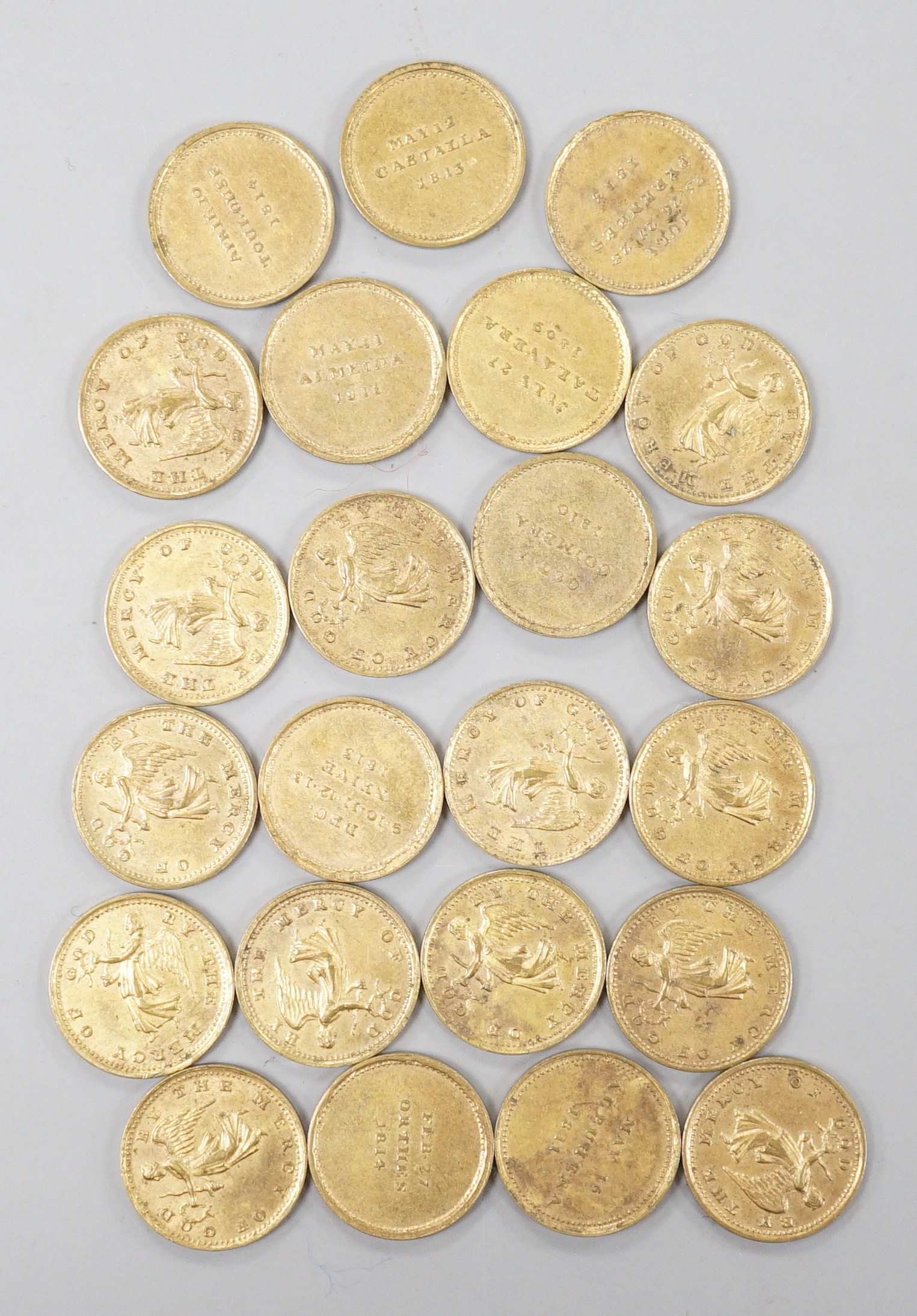 ‘Marquis of Wellington’ British Victories in the Peninsular Campaign cylindrical brass box by Thomason & Jones, containing 23 gilt medallions depicting Winged Victory and the date of a Peninsular battle